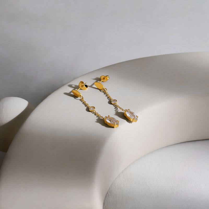 Right Grand New Trendy Stainless Steel Gold Electroplated Chain Hanging Zircon Earrings