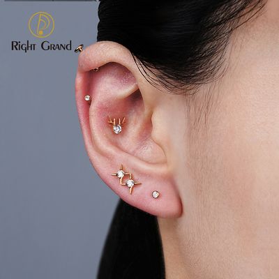 Right Grand ASTM F136 Titanium 16G Internal Thread Deer Antler Helix Earring CZ Cartilage Tragus Conch Labret Stud Piercing Christmas Jewelry