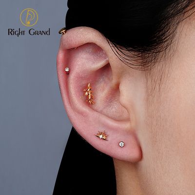 Right Grand ASTM F136 Titanium 16G Internal Thread Tulip Flower Cartilage Earring Dainty Leaf Climber Labret Helix Tragus Conch Stud Piercing