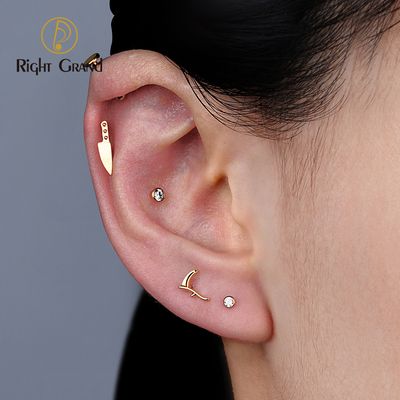 Right Grand ASTM F136 Titanium Internal Thread Tiny Scythe Flatback Earring 16G Sickle Cartilage Earring Tragus Conch Stud Helix Piercing