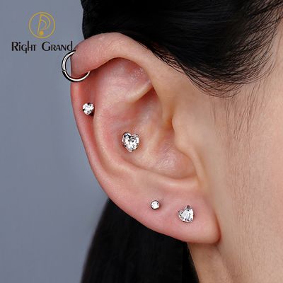 Right Grand ASTM F136 Titanium 16G Heart CZ Internally Threaded Flat Back Labret Cartilage Tragus Helix Nose Stud Piercing