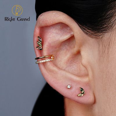 Right Grand ASTM F136 Titanium 16G Internal Thread Cluster Marquise Moss Agate Tragus Helix Stud Conch Lobe Rook Cartilage Leaf Climber Flat Back Labret Stud Nose Piercing