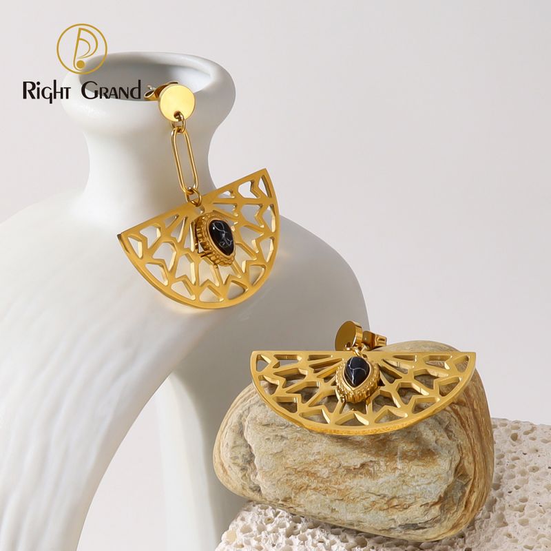 Right Grand Fashion Jewelry Luxury Natural Stone Water Drop Gold Plated Fan-Shaped Design Stainless Steel Earrings