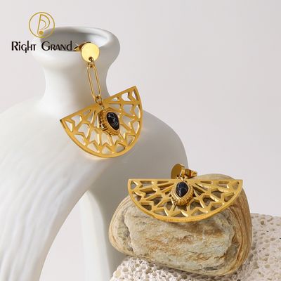 Right Grand Fashion Jewelry Luxury Natural Stone Water Drop Gold Plated Fan-Shaped Design Stainless Steel Earrings