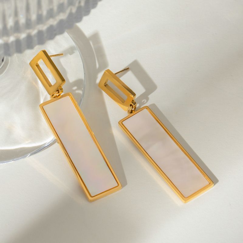 Right Grand Fashion Jewelry Earrings Stainless Steel 18k Plated Gold Waterproof Rectangle Shell Earrings