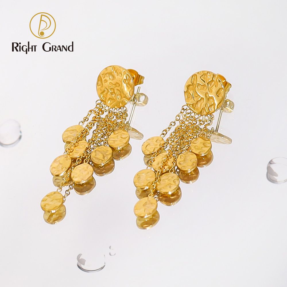 Right Grand New Arrival 18K Gold Plated Tassel Pendant Earrings Exquisite Stainless Steel Trendy Hammer Texture Earrings