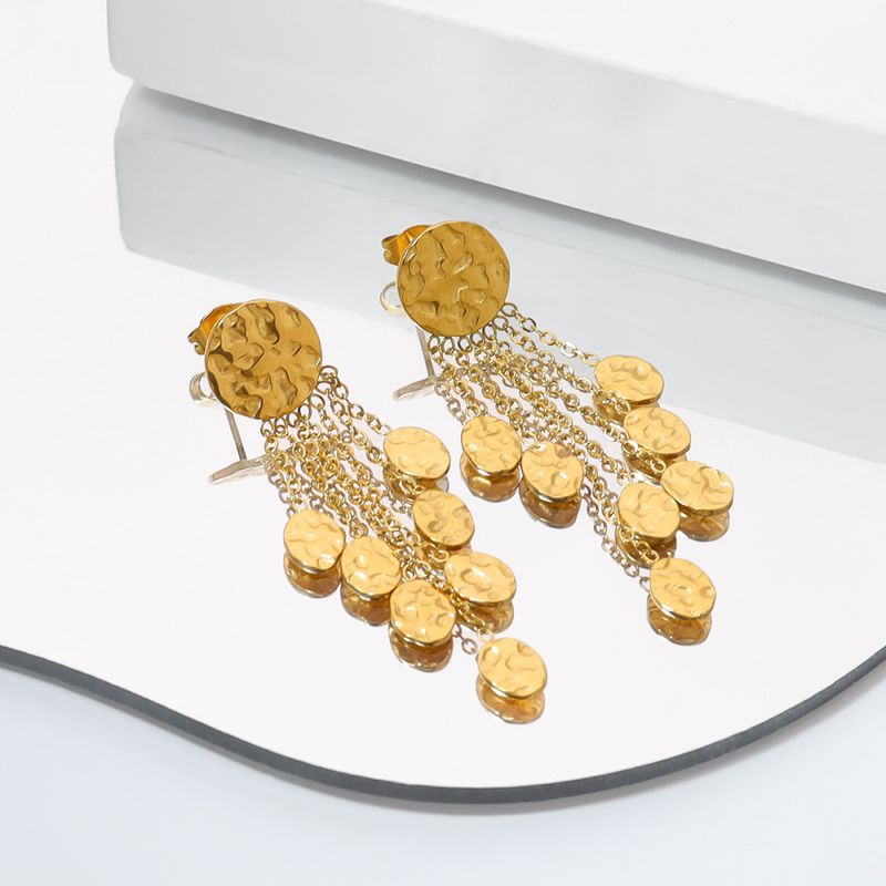Right Grand New Arrival 18K Gold Plated Tassel Pendant Earrings Exquisite Stainless Steel Trendy Hammer Texture Earrings