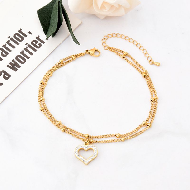 Right Grand Beach Style Fashion Jewelry Stainless Steel Double Bead Chain Sweet Love Zircon Anklet