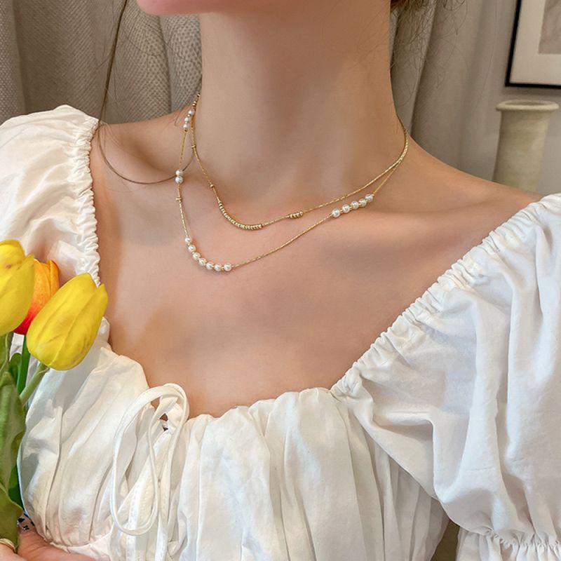 Right Grand Fashion Jewelry Stainless Steel 2025 Collier Perle Gold Plated Double Layer Pearl Necklace