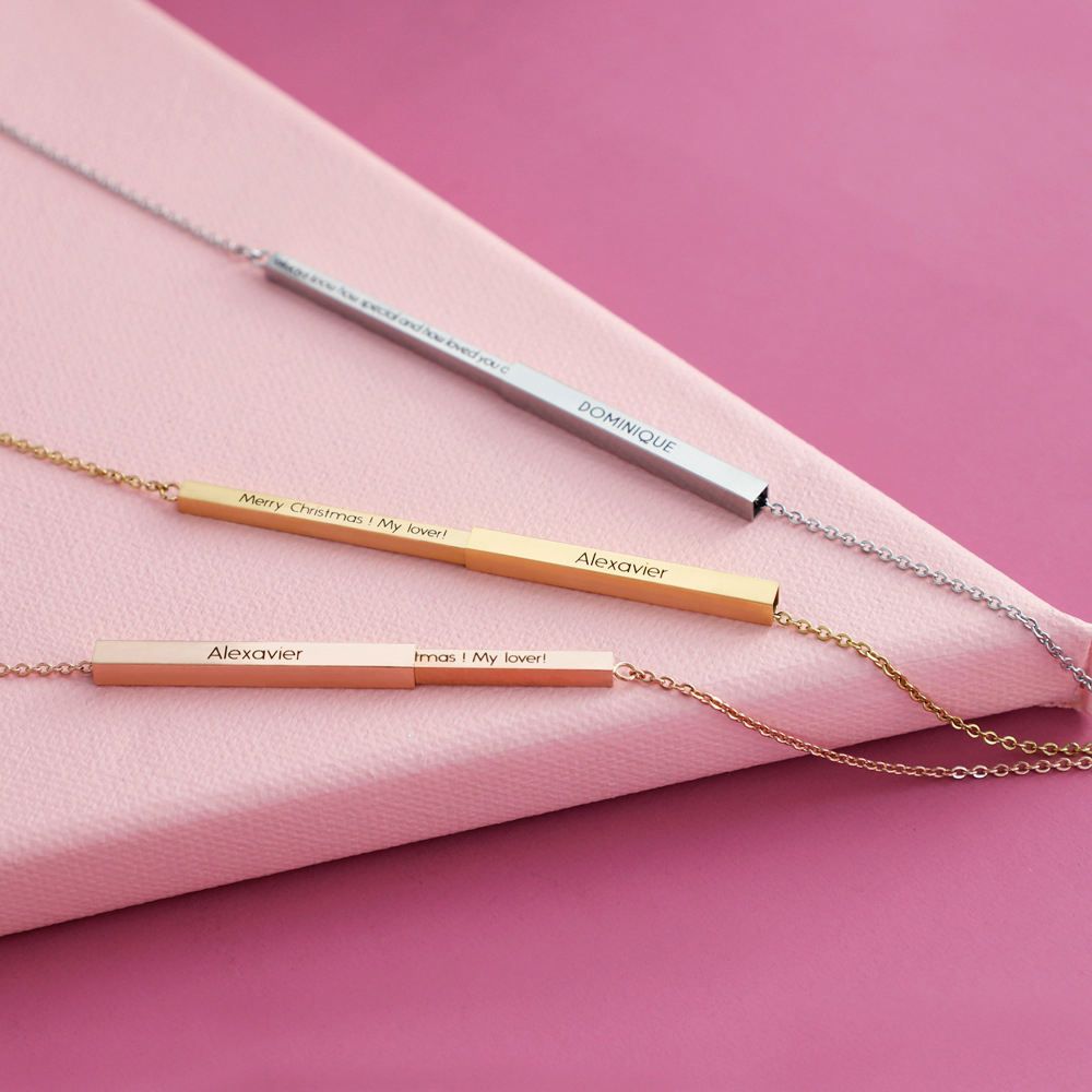 Right Grand Valentines Mothers Day Custom Gifts Gold Plating Flexible 3D Stainless Steel Engraved Blank Bar Necklace