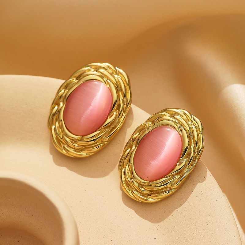 Right Grand Gold Plated Twisted Oval Stud Cat's Eye Stone Stainless Steel Fashion Jewelry Earrings