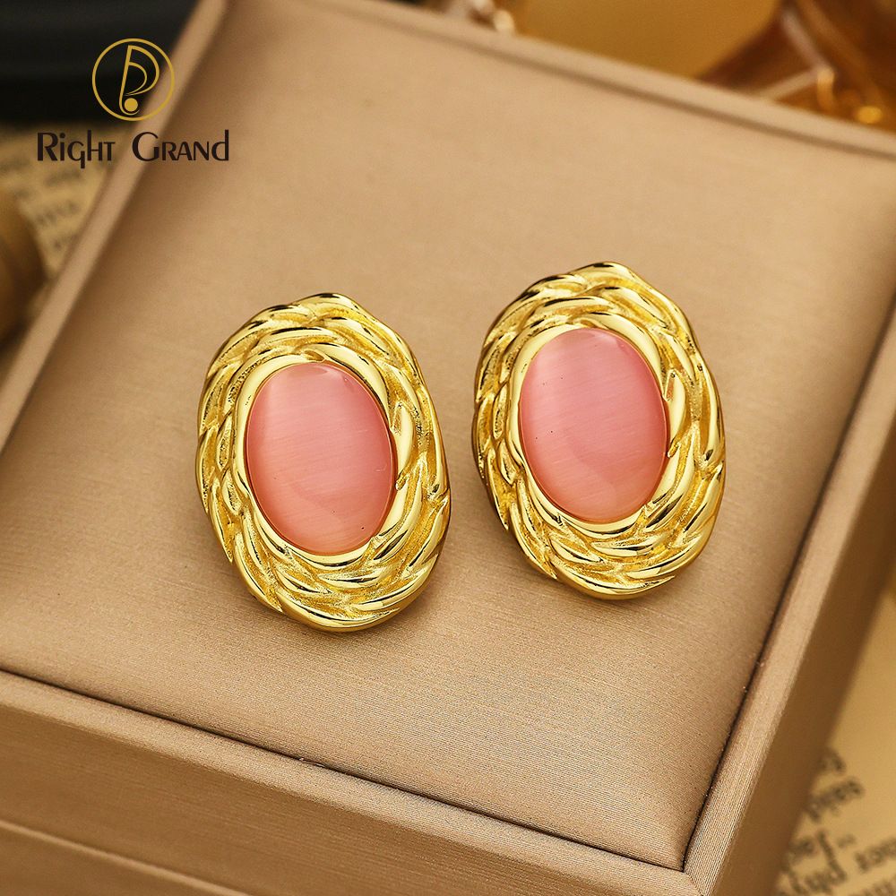 Right Grand Gold Plated Twisted Oval Stud Cat&#39;s Eye Stone Stainless Steel Fashion Jewelry Earrings