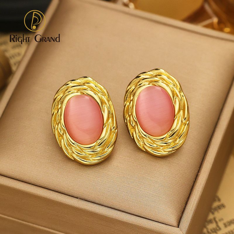 Right Grand Gold Plated Twisted Oval Stud Cat&#39;s Eye Stone Stainless Steel Fashion Jewelry Earrings