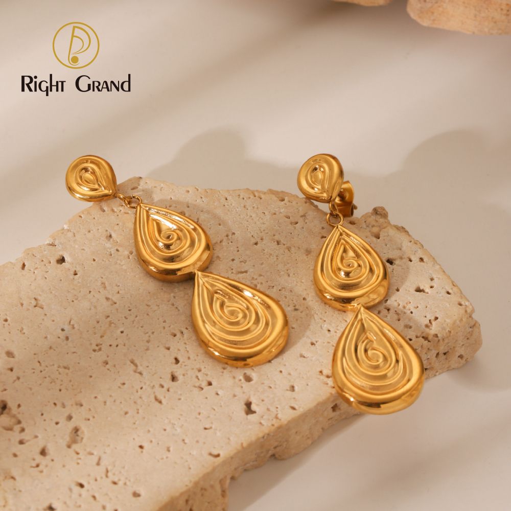 Right Grand New 18K Gold Stainless Steel Geometric Thread Relief Water Drop Pendant Dangling Earrings