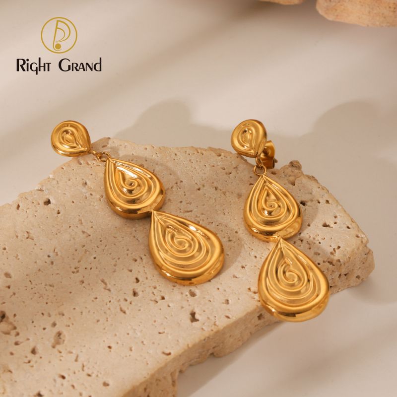 Right Grand New 18K Gold Stainless Steel Geometric Thread Relief Water Drop Pendant Dangling Earrings
