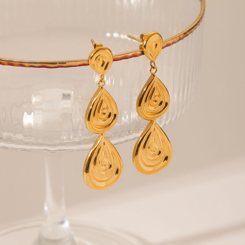 Right Grand New 18K Gold Stainless Steel Geometric Thread Relief Water Drop Pendant Dangling Earrings