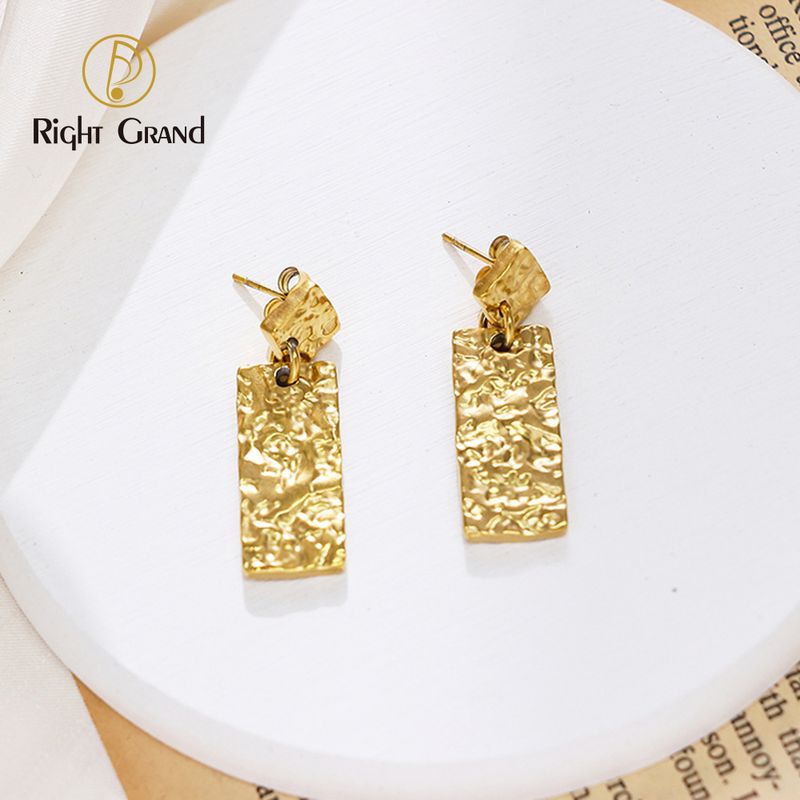 Right Grand Stainless Steel Jewelry 18K PVD Gold Plated Dressy Big Rectangle Hammered Vintage Nugget Texture Drop Earring