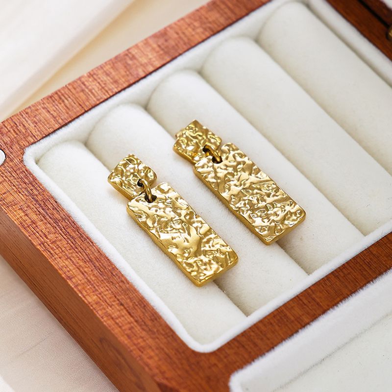 Right Grand Stainless Steel Jewelry 18K PVD Gold Plated Dressy Big Rectangle Hammered Vintage Nugget Texture Drop Earring