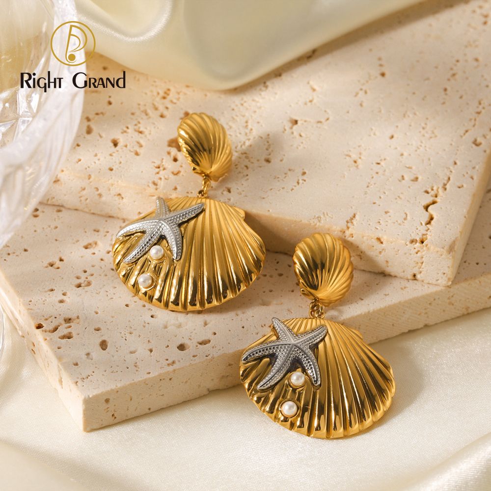 Right Grand Stainless Steel Jewelry PVD 18k Gold Plated Trendy Jewelry Ocean Style Pearl Metal Shell Starfish Dangle Stud Earrings