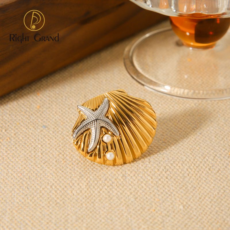 Right Grand Fashionable Stainless Steel 18K PVD Gold Plated High Quality Oval Starfish Pearl Opening Adjustable Rings