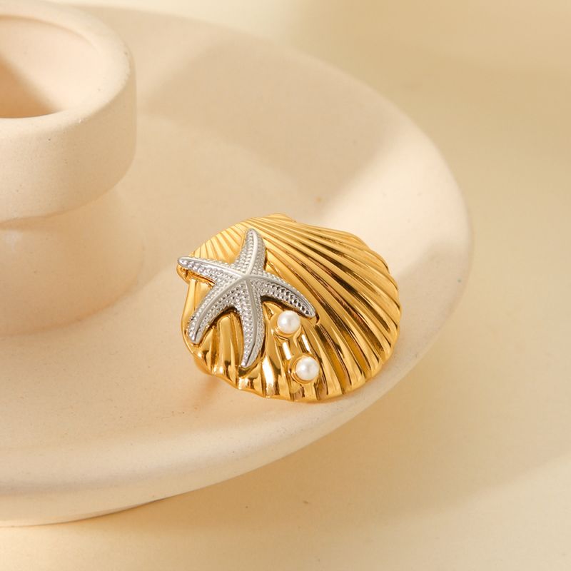 Right Grand Fashionable Stainless Steel 18K PVD Gold Plated High Quality Oval Starfish Pearl Opening Adjustable Rings