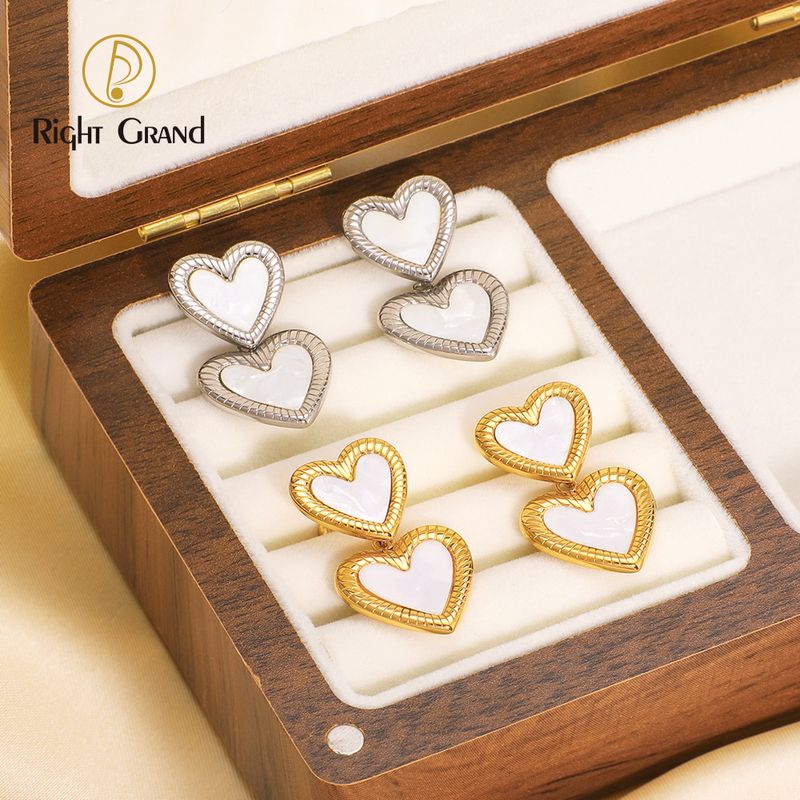 Right Grand Fashion Stainless Steel Jewelry 18K Gold Plated Double Heart Shells Stud Earrings