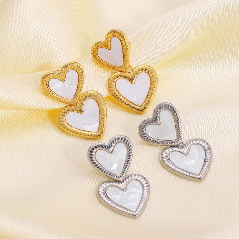 Right Grand Fashion Stainless Steel Jewelry 18K Gold Plated Double Heart Shells Stud Earrings