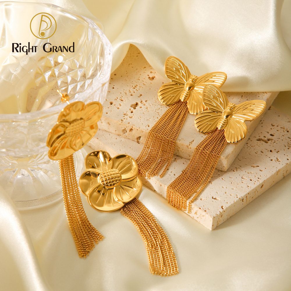 Right Grand Fashion Stainless Steel Jewelry 18K Gold Plated Butterfly Flower Tassel Stud Earring