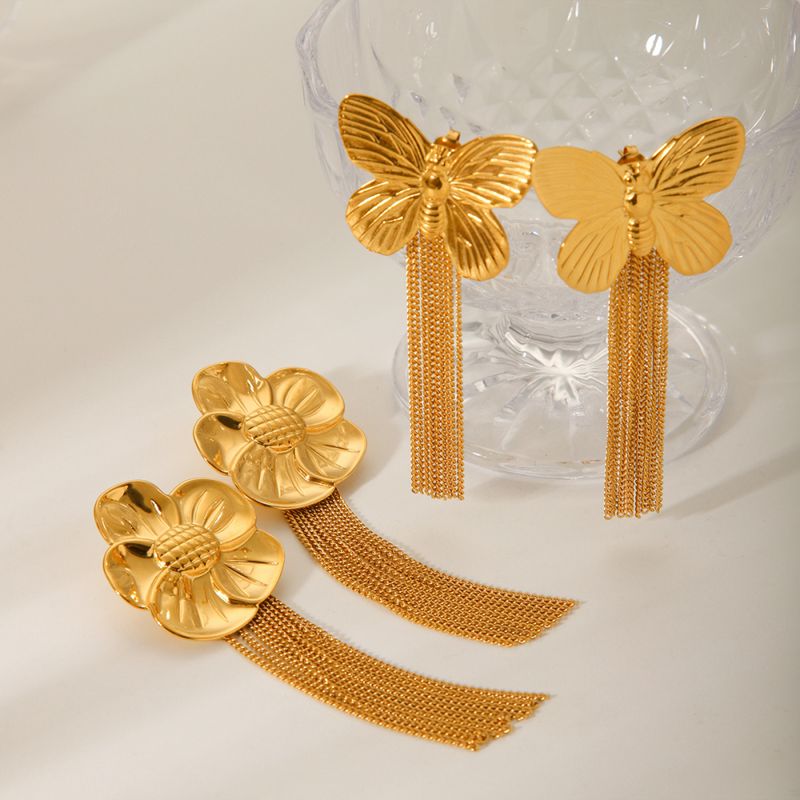 Right Grand Fashion Stainless Steel Jewelry 18K Gold Plated Butterfly Flower Tassel Stud Earring