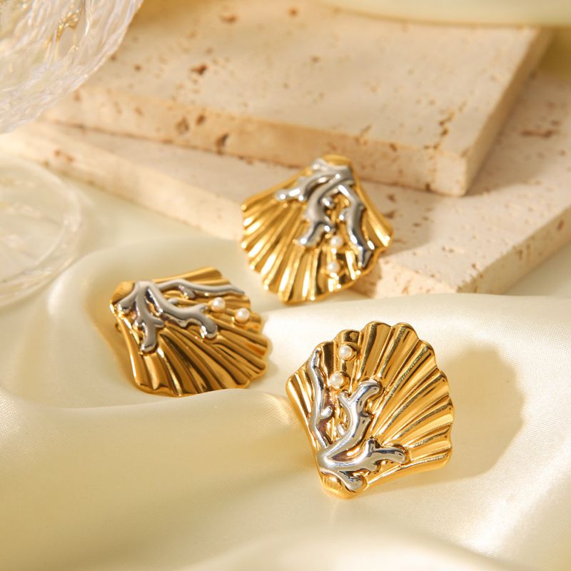 Right Grand Fashion Stainless Steel Jewelry 18K Gold Plated Ocean Design Shell Pearl Coral Earrings