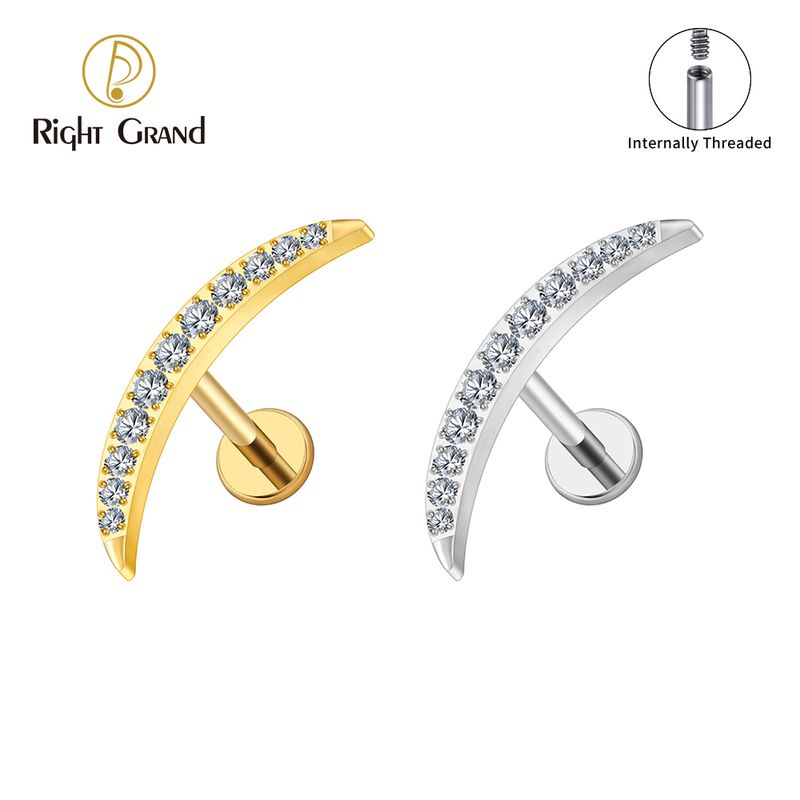Right Grand ASTM F136 Titanium Internal Thread New Moon CZ Cartilage Earring 16G Labret Tragus Helix Flat Back Piercing