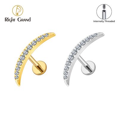 Right Grand ASTM F136 Titanium Internal Thread New Moon CZ Cartilage Earring 16G Labret Tragus Helix Flat Back Piercing