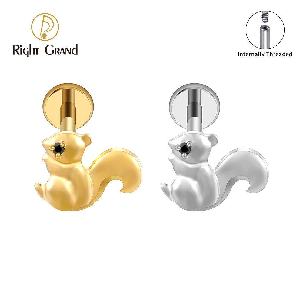 Right Grand ASTM F136 Titanium Internal Thread Squirrel Cartilage Earring 16G Labret Tragus Helix Flat Back Piercing