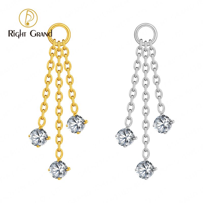 Right Grand ASTM F136 Titanium Triple Chain CZ Pendant Charm for Ear Lobe Dangle Hoop Huggie Earrings