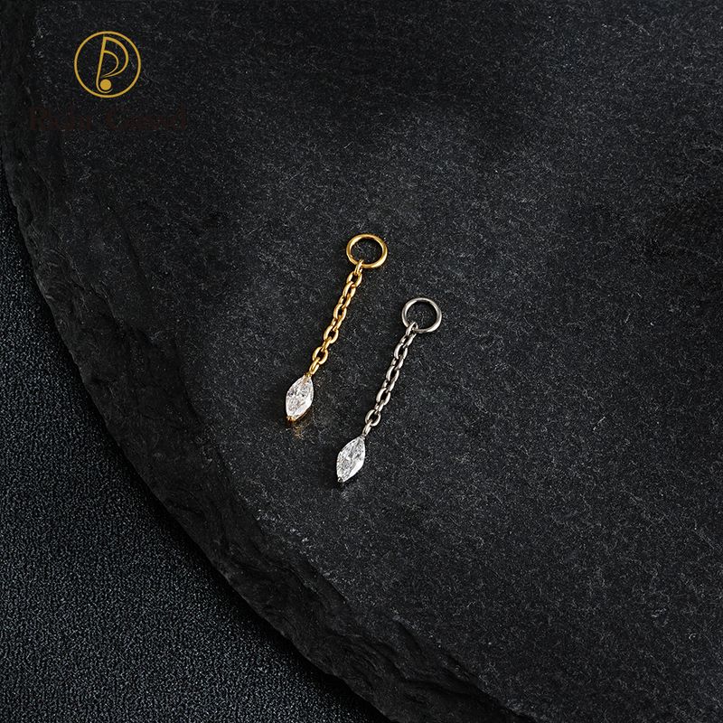 Right Grand ASTM F136 Titanium Earring Chain with Dangling Marquise CZ Charm for Labret Stud Hoop Nose Clicker Piercing Jewelry