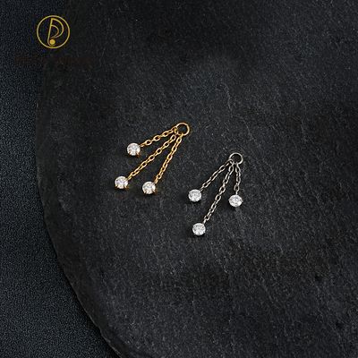 Right Grand ASTM F136 Titanium Triple Chain CZ Pendant Charm for Ear Lobe Dangle Hoop Huggie Earrings