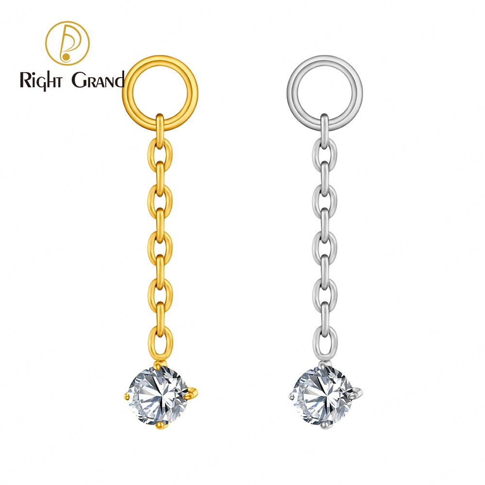 Right Grand ASTM F136 Titanium Chain Round CZ Pendant Charm for Ear Lobe Dangle Hoop Huggie Earrings Piercing Jewelry