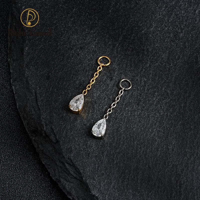 Right Grand ASTM F136 Titanium Waterdrop CZ Dangle Chain Earring Charm Pendant for Upper Lobe Clicker Piercing Jewelry