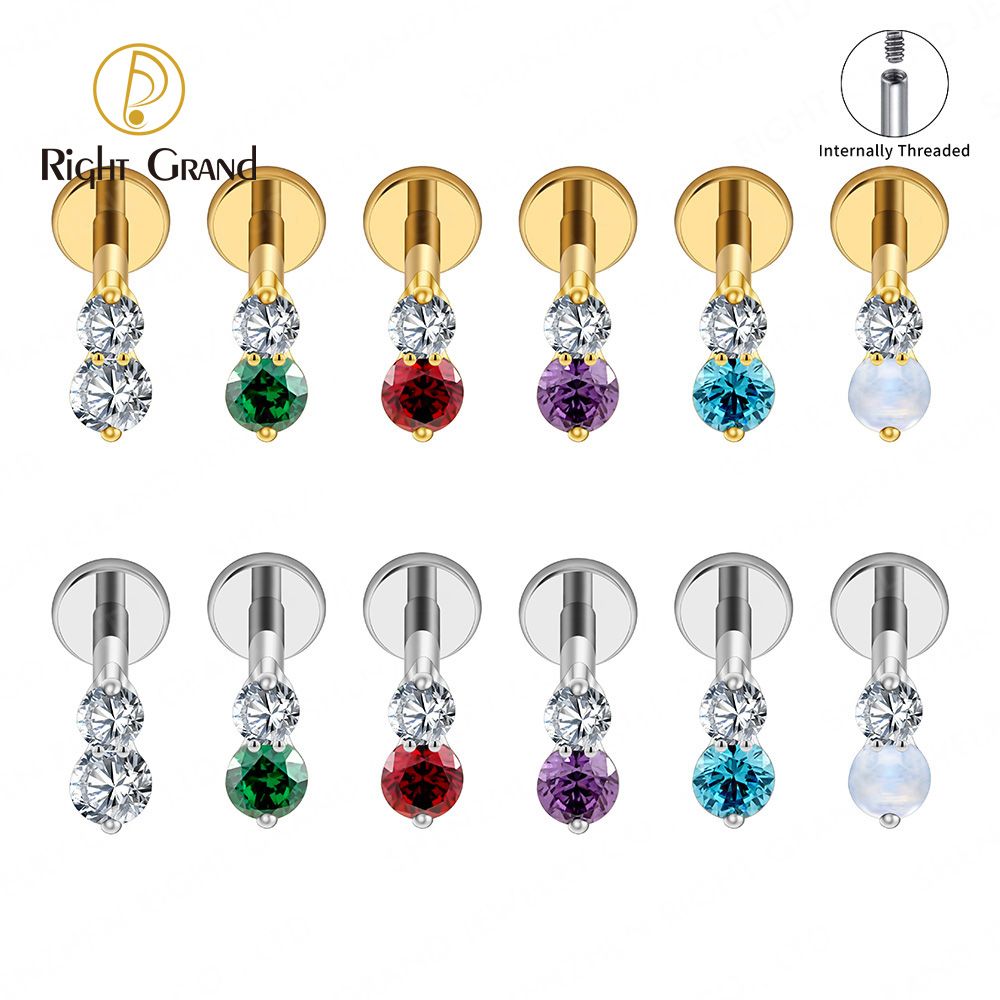 Right Grand ASTM F136 Titanium 16G Internal Thread Double CZ Cartilage Earring Tiny Two Stone Flat Back Labret Stud Tragus Helix Nose Piercing