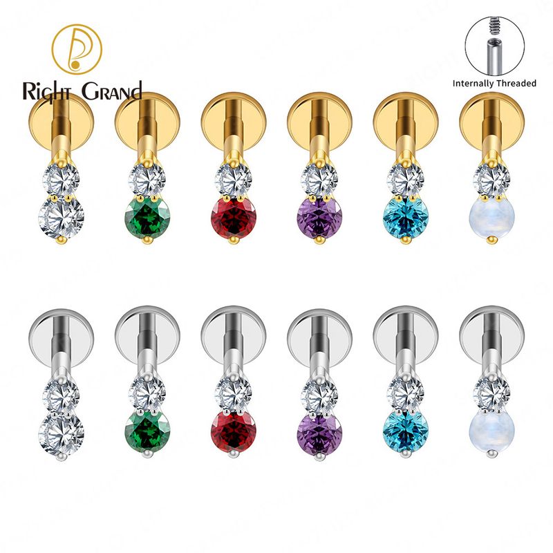 Right Grand ASTM F136 Titanium 16G Internal Thread Double CZ Cartilage Earring Tiny Two Stone Flat Back Labret Stud Tragus Helix Nose Piercing