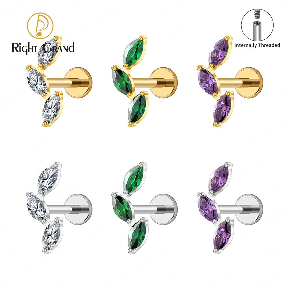 Right Grand ASTM F136 Titanium 16G Internal Thread Triple Marquise CZ Flat Back Stud Labret Tragus Helix Cartilage Conch Earring Piercing