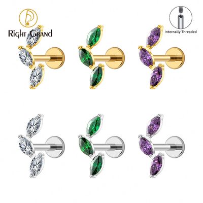 Right Grand ASTM F136 Titanium 16G Internal Thread Triple Marquise CZ Flat Back Stud Labret Tragus Helix Cartilage Conch Earring Piercing