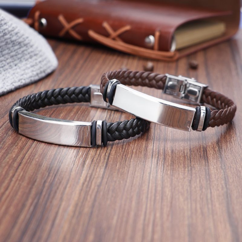 Right Grand Personalized Name Diy Jewelry Blank Engravable Stainless Steel Custom Logo Leather Bracelet