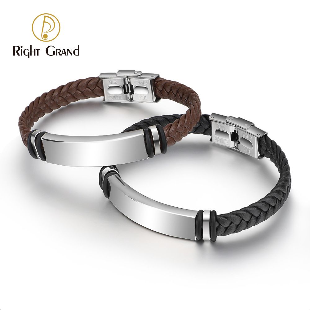 Right Grand Personalized Name Diy Jewelry Blank Engravable Stainless Steel Custom Logo Leather Bracelet
