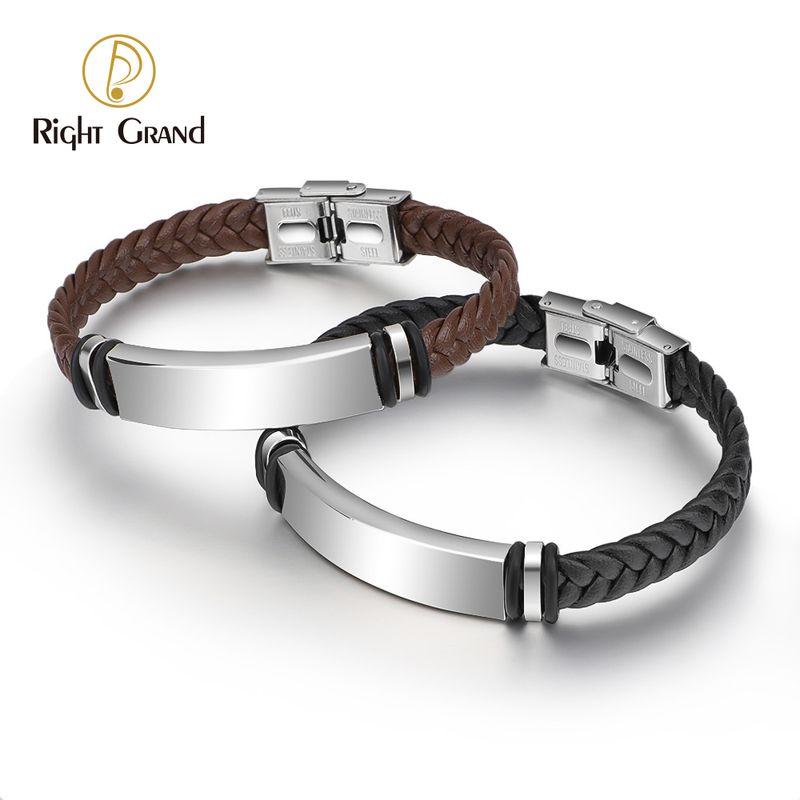 Right Grand Personalized Name Diy Jewelry Blank Engravable Stainless Steel Custom Logo Leather Bracelet