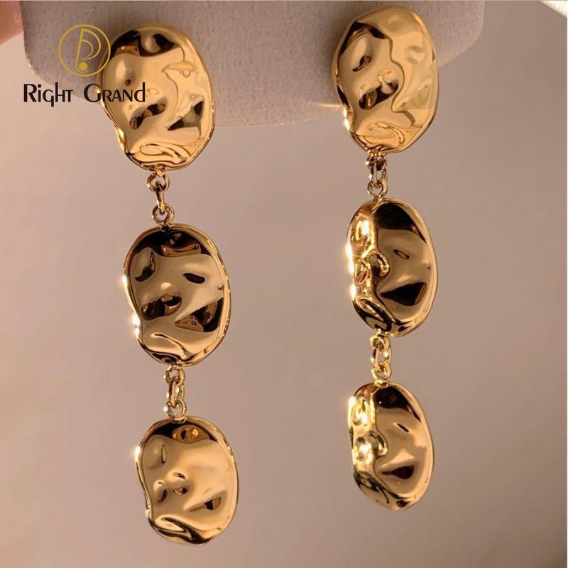 Right Grand Jewelry Gift Gold Plated Chunky Hammered Coin Tassel Stainless Steel Fashion Drop Earrings For Women