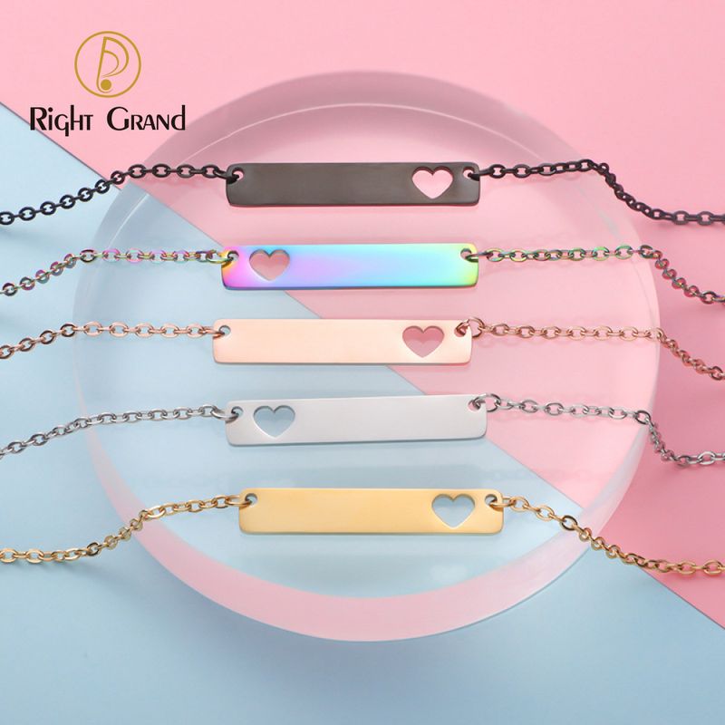 Right Grand Personalised Jewelry Wholesale Custom Laser Engraved Heart Logo Name Gold Plated Bar Pendant Necklace