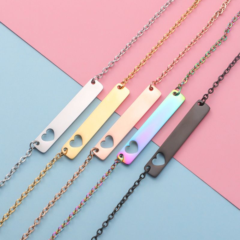 Right Grand Personalised Jewelry Wholesale Custom Laser Engraved Heart Logo Name Gold Plated Bar Pendant Necklace