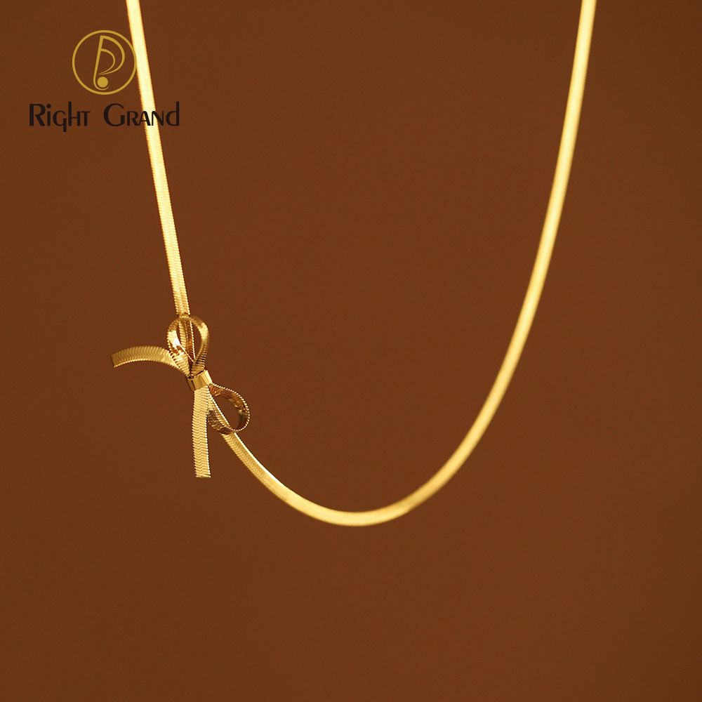 Right Grand Bowknot Pendant Jewelry Set Snake Chain Stainless Steel 18K Gold Plated Herringbone Bow Knot Choker Necklace