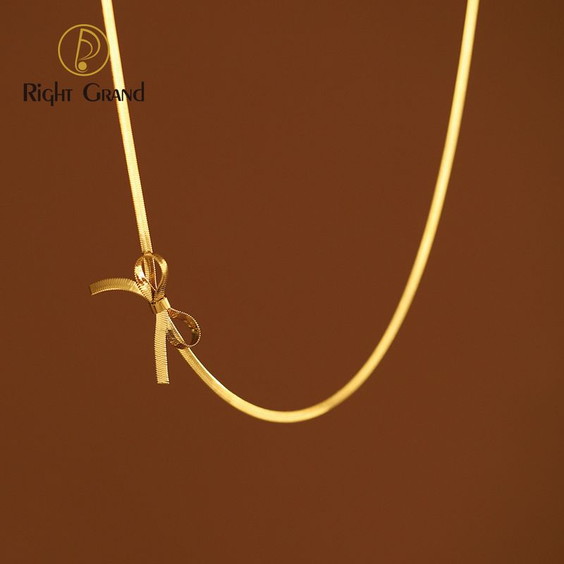 Right Grand Bowknot Pendant Jewelry Set Snake Chain Stainless Steel 18K Gold Plated Herringbone Bow Knot Choker Necklace